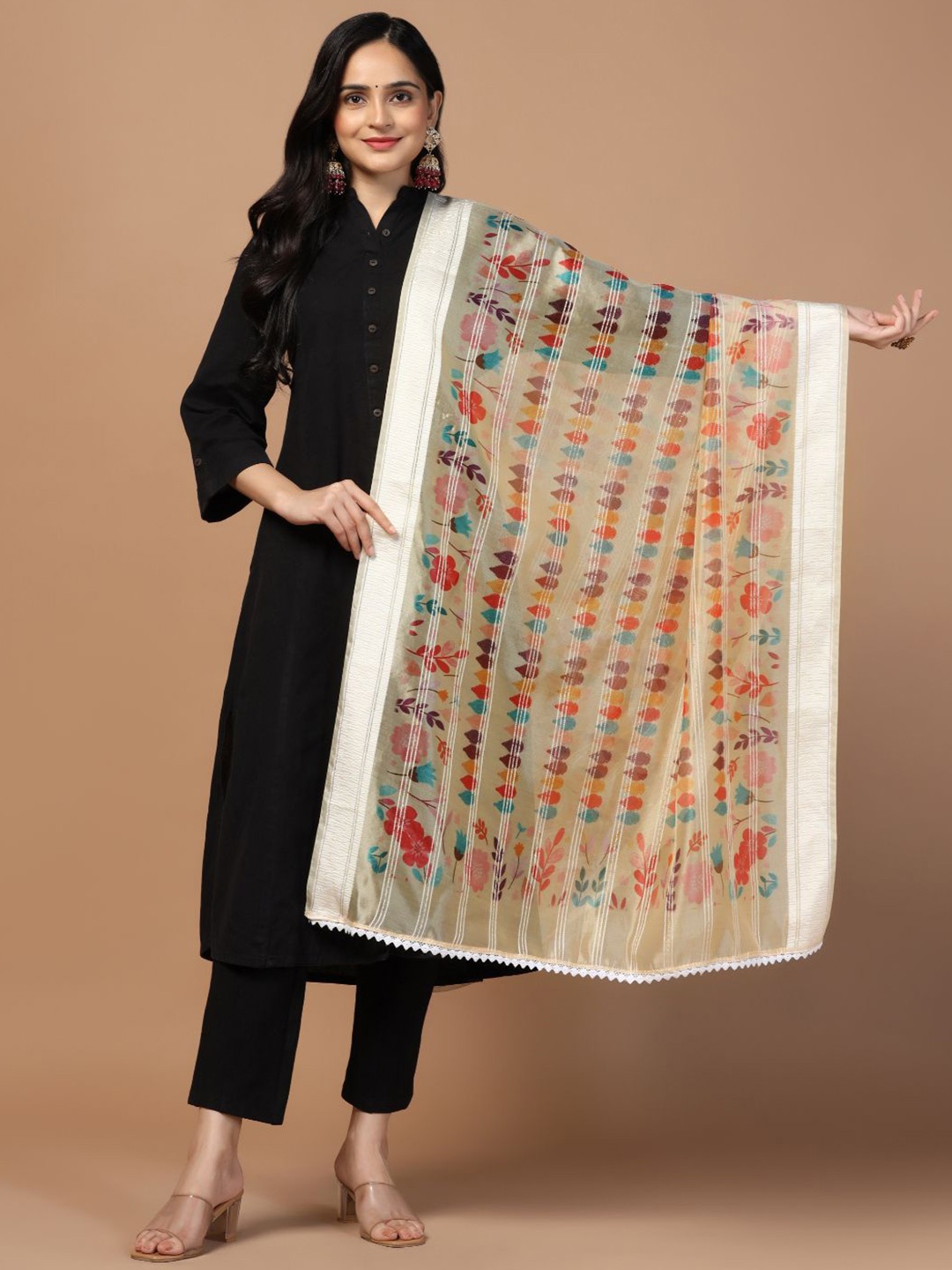 

Kaizen TEXO FAB Sequinned Floral Printed Organza Dupatta, Cream
