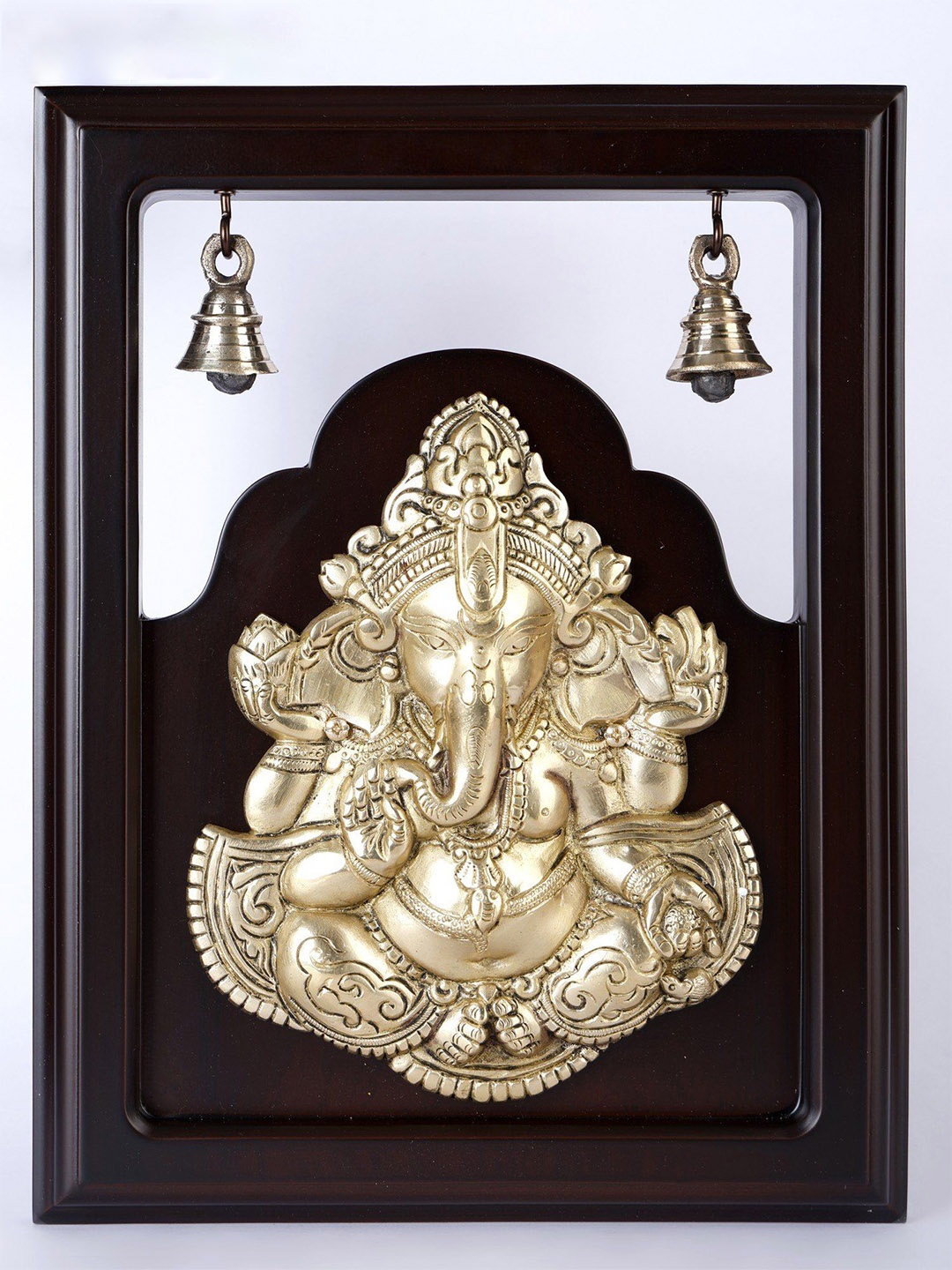 

Exotic India Brass Blessing Lord Ganesha Wall Hanging Wooden Frame with Bells, Gold