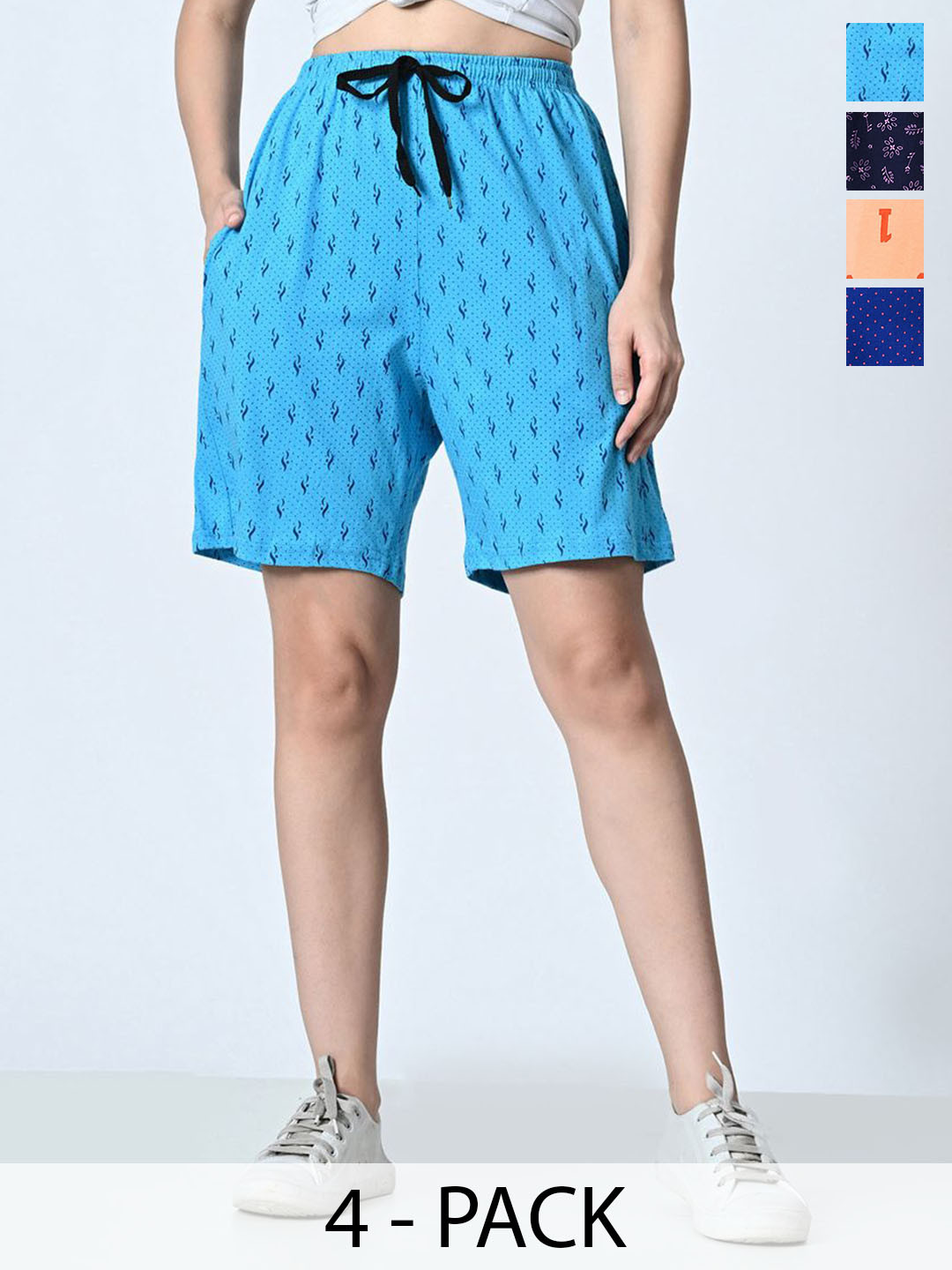 

BAESD Pack Of 4 Women Printed High-Rise Pure Cotton Shorts, Blue