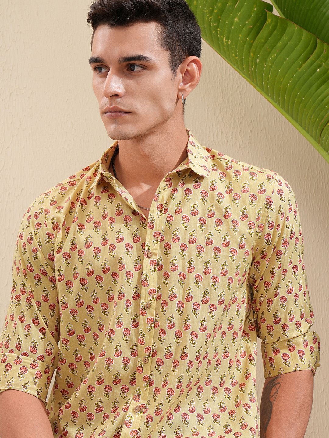 

HIGHLANDER Men Dobby Textured Printed Cuban Collar Relaxed Shirt, Yellow