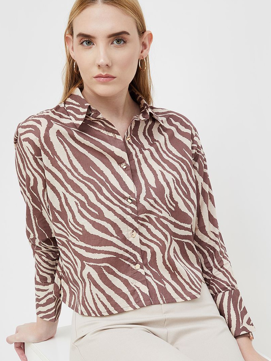 

CODE by Lifestyle Animal Print Cotton Shirt Style Top, Brown