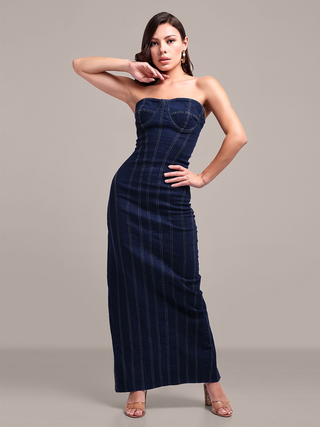 

iki chic Striped Strapless Denim Bodycon Maxi Dress, Blue