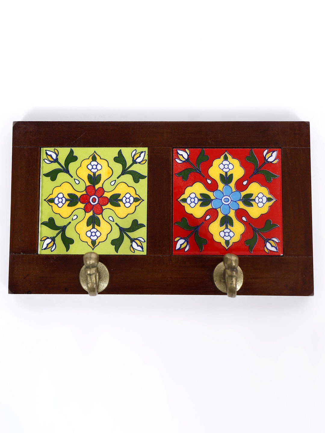 

Exotic India Brass Red and Yellow Tile Floral Design Wall Hooks
