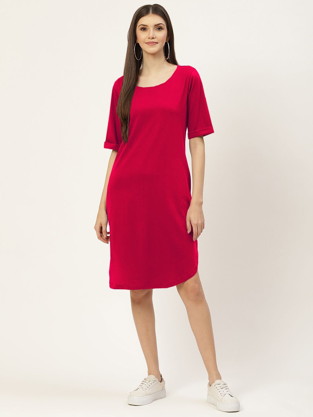 

BRINNS Solid Round Neck Pure Cotton Sheath Dress, Magenta