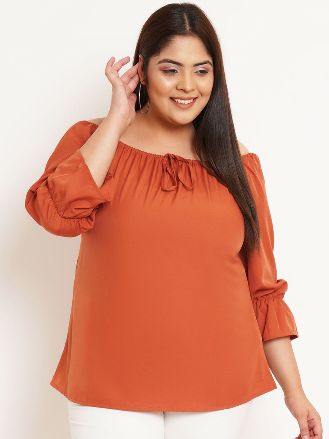 

U&F Beyond Tie-Up Neck Puff Sleeve Crepe Top, Orange