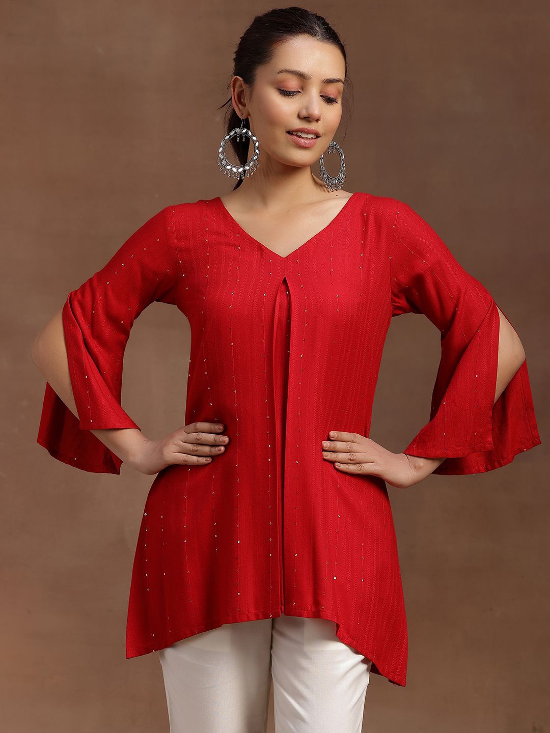 

Libas V-Neck Flared Sleeves Sequinned Sequinned Kurti, Red