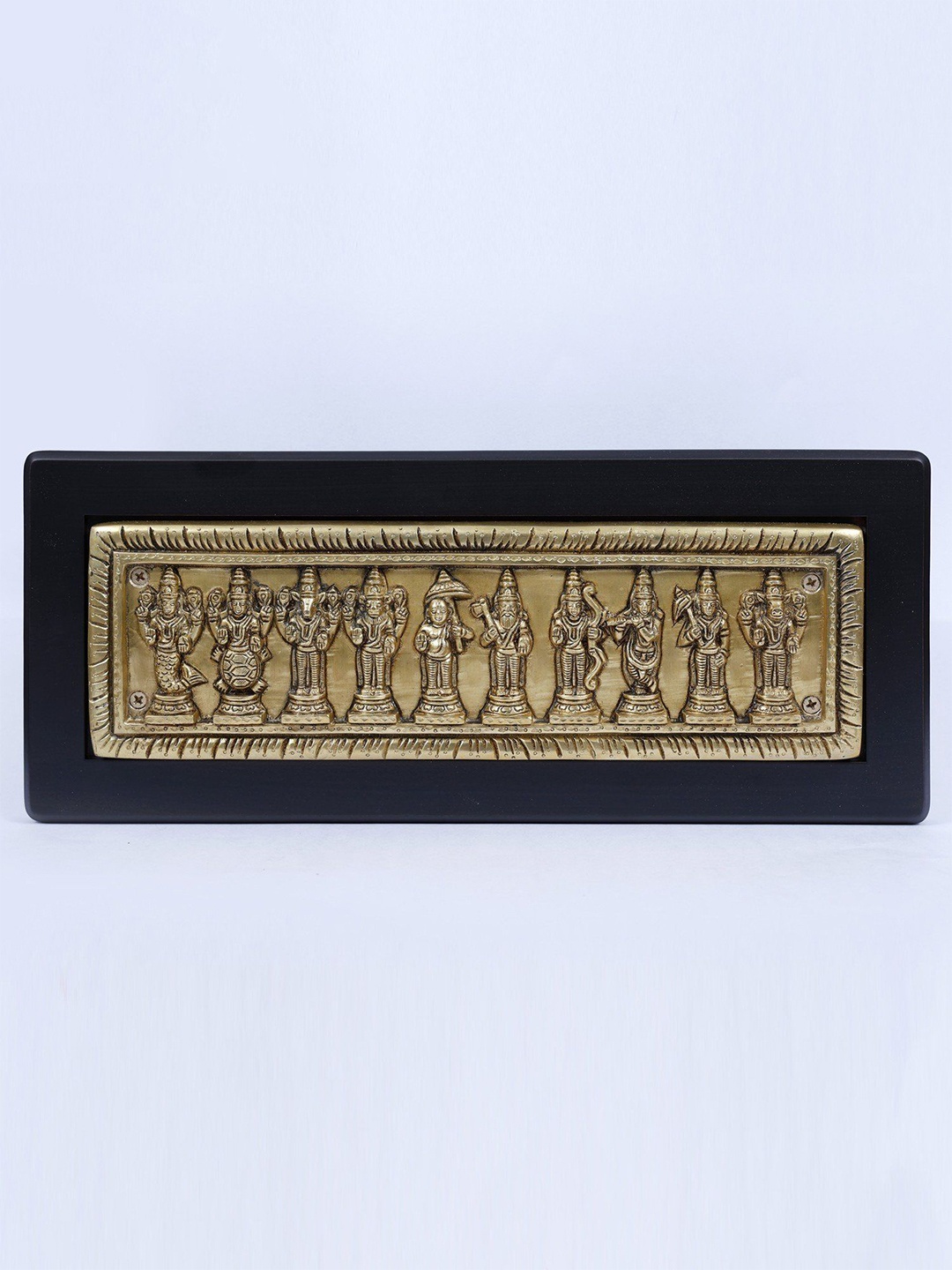 

Exotic India 16" Wood Framed Wall Hanging Dashavatara of Lord Vishnu in Brass, Gold