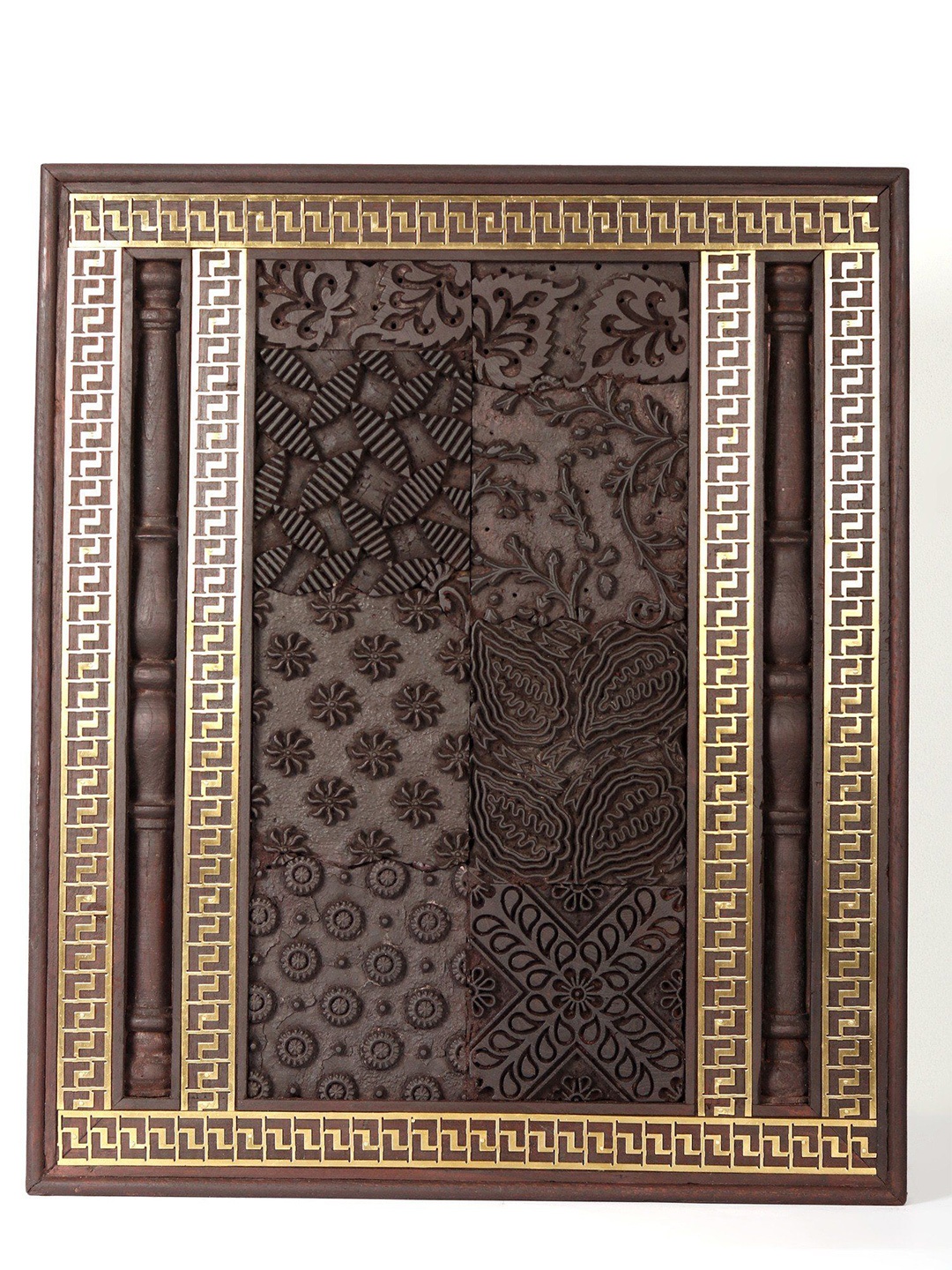 

Exotic India 24" Designer Wood and Brass Panel Wall Decor, Brown