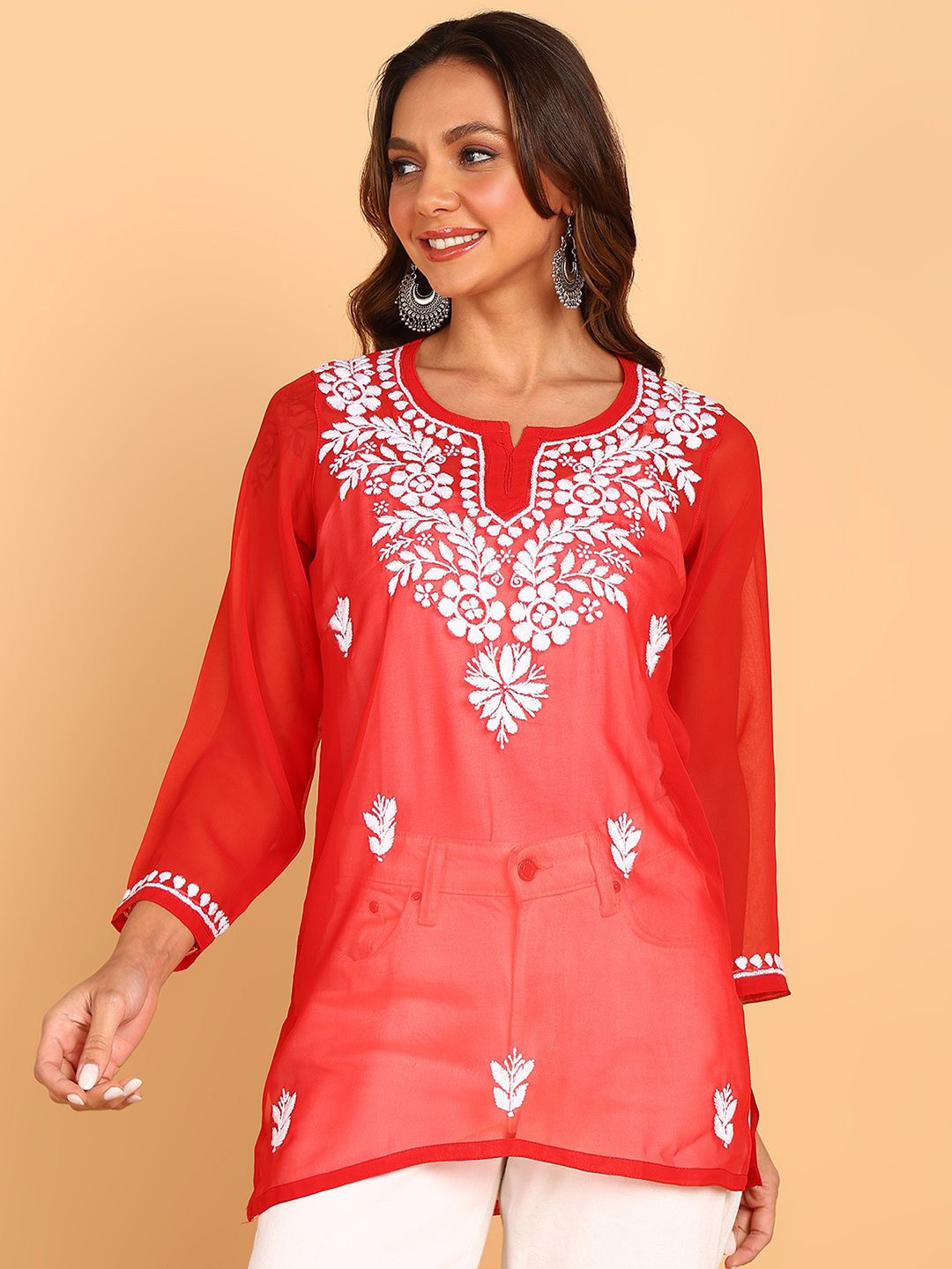 

VAHSON Ethnic Motifs Embroidered Chikankari Chikankari Kurti, Red