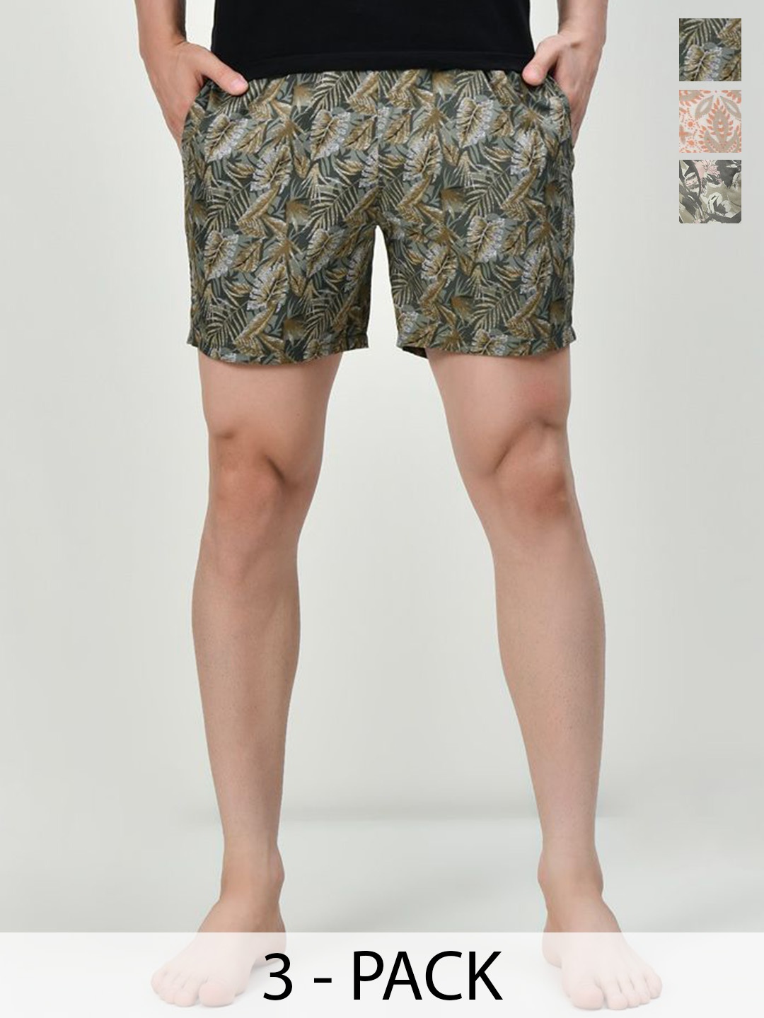 

BAESD Pack Of 3 Men Printed High-Rise Cotton Shorts, Green