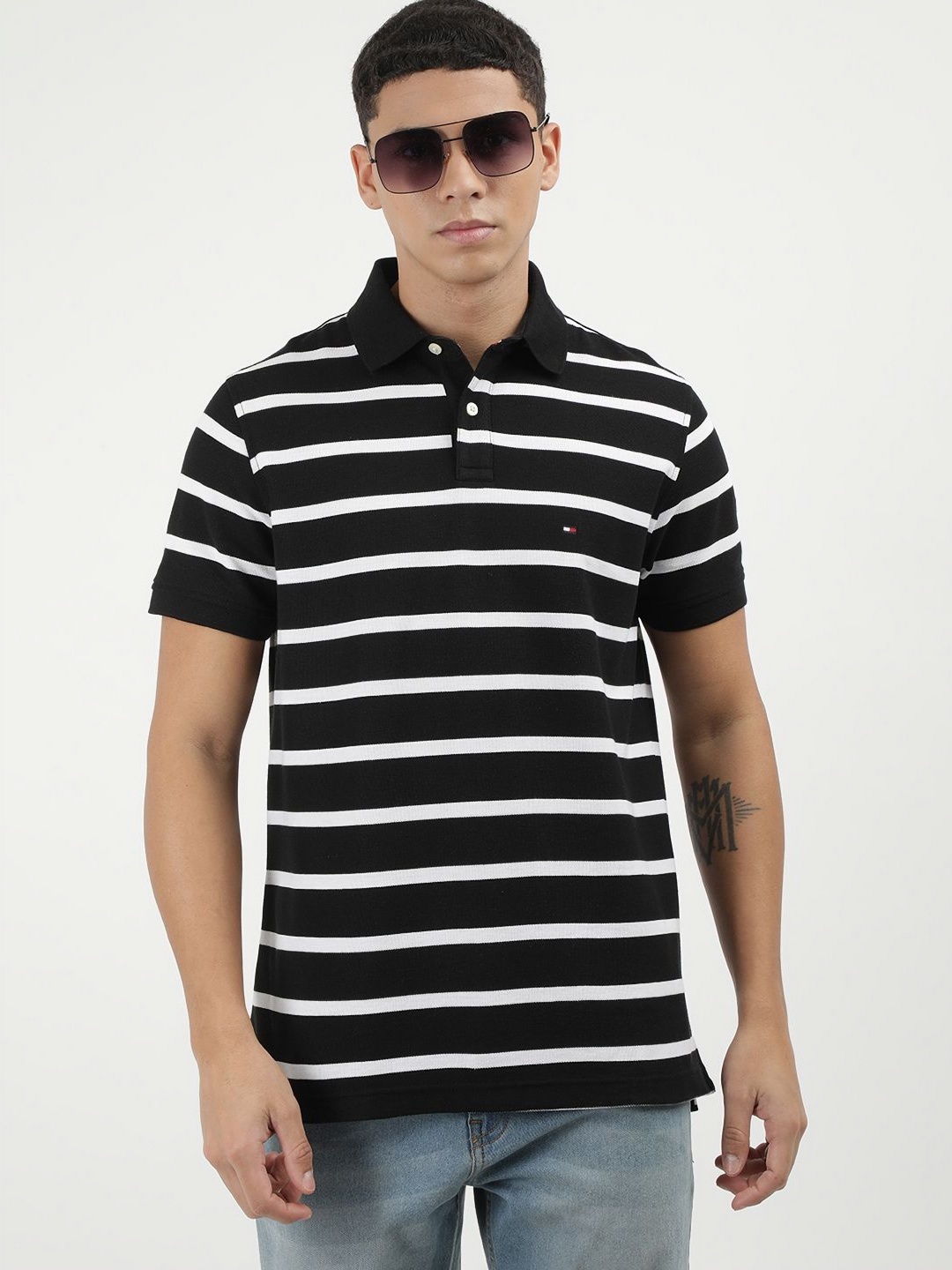 

Tommy Hilfiger Men Striped Polo Collar Cotton T-shirt, Black