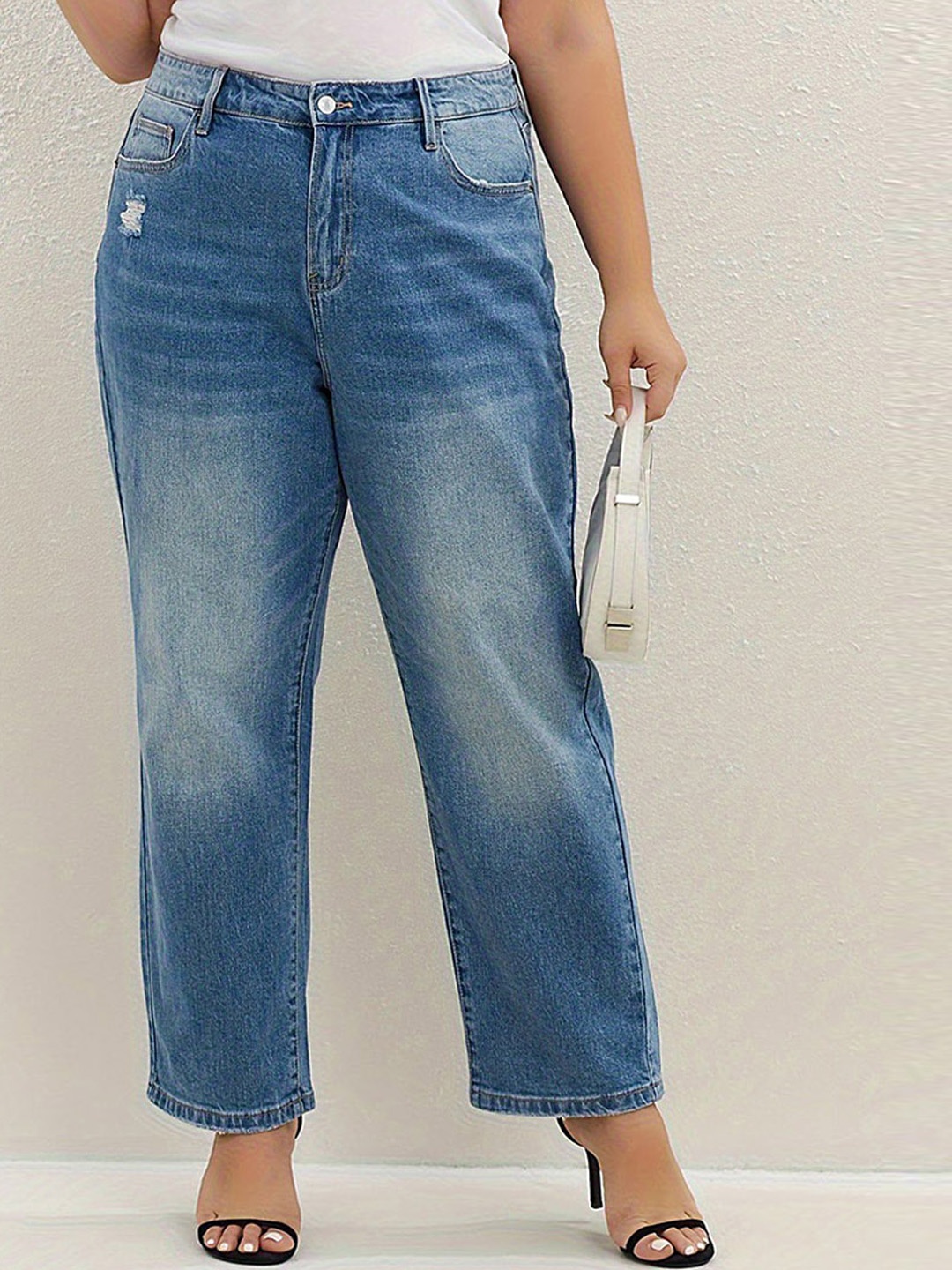 

LULU & SKY Women Plus Size Straight Fit High-Rise Low Distress Light Fade Jeans, Blue