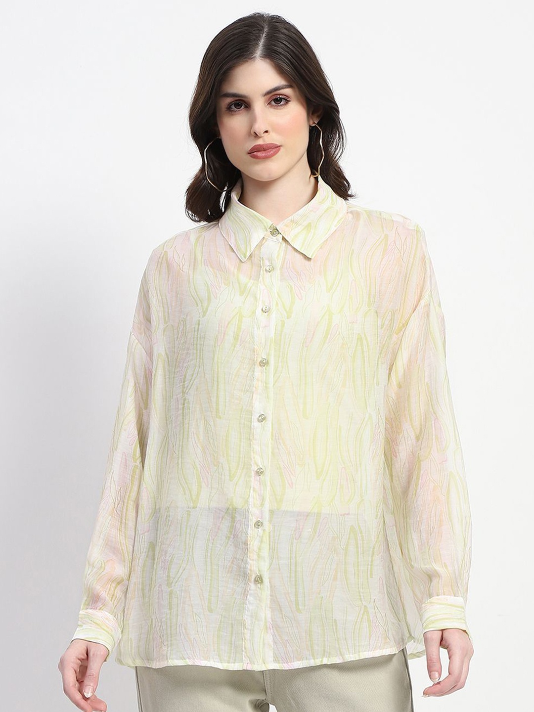 

Madame Women Floral Opaque Printed Casual Shirt, Lime green