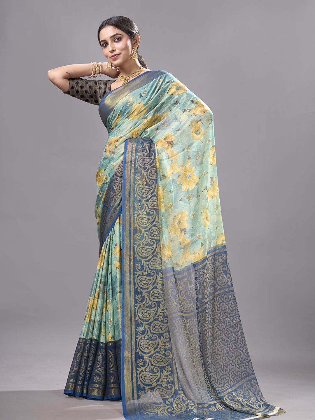 

NIRMAL CREATION Printed Floral Poly Chiffon Saree, Turquoise blue