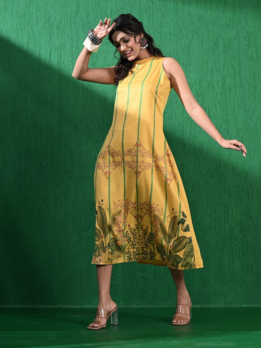 

all about you Tropical Printed A-Line Midi Dress, Mustard