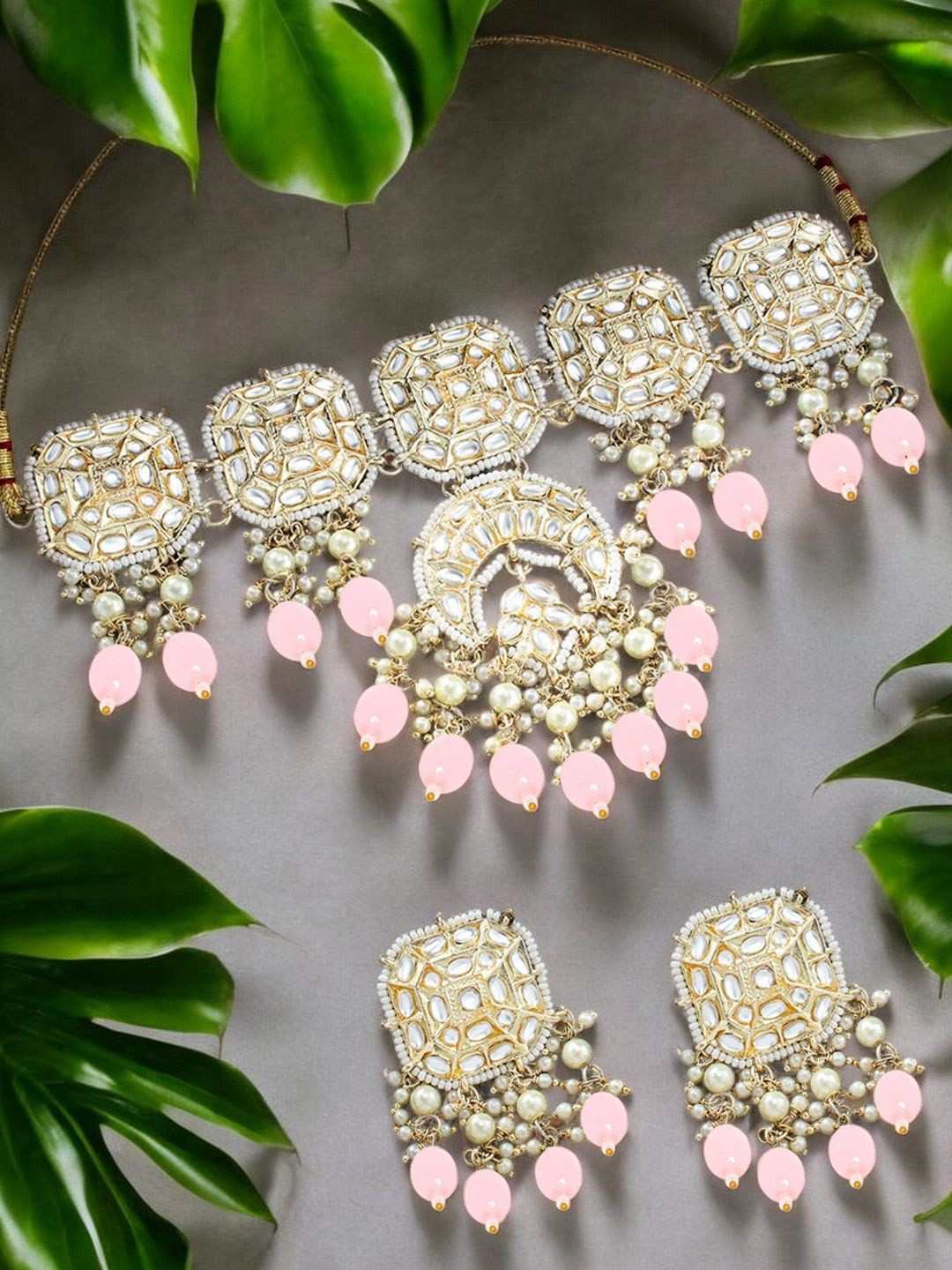 

Anouk Gold-Toned Kundan-Studded & Beaded Necklace and Earrings