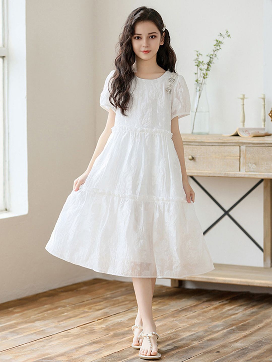 

INCLUD Girls Puff Sleeve Tiered A-Line Midi Dress, White