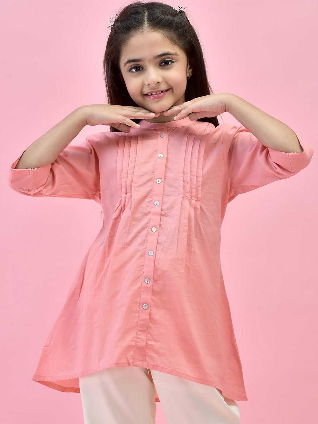 

Juniper Girls Mandarin Collar Pin Tucks Cotton A Line Kurta, Pink