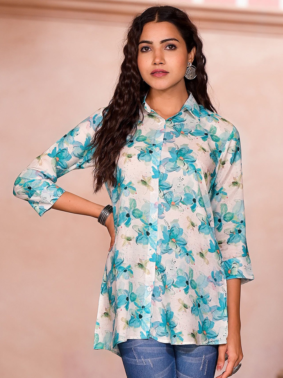 

Peachmode Floral Print Shirt Style Longline Top, Turquoise blue