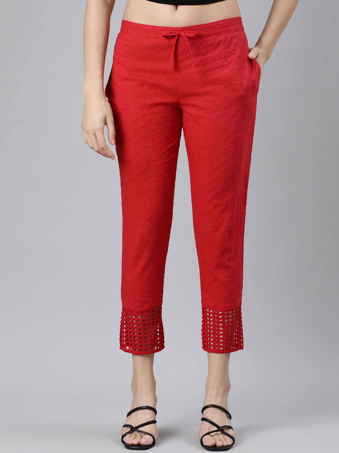 

Souchii Women Embroidered Tailored Tapered Fit High-Rise Cotton Cropped Hakoba Trousers, Red