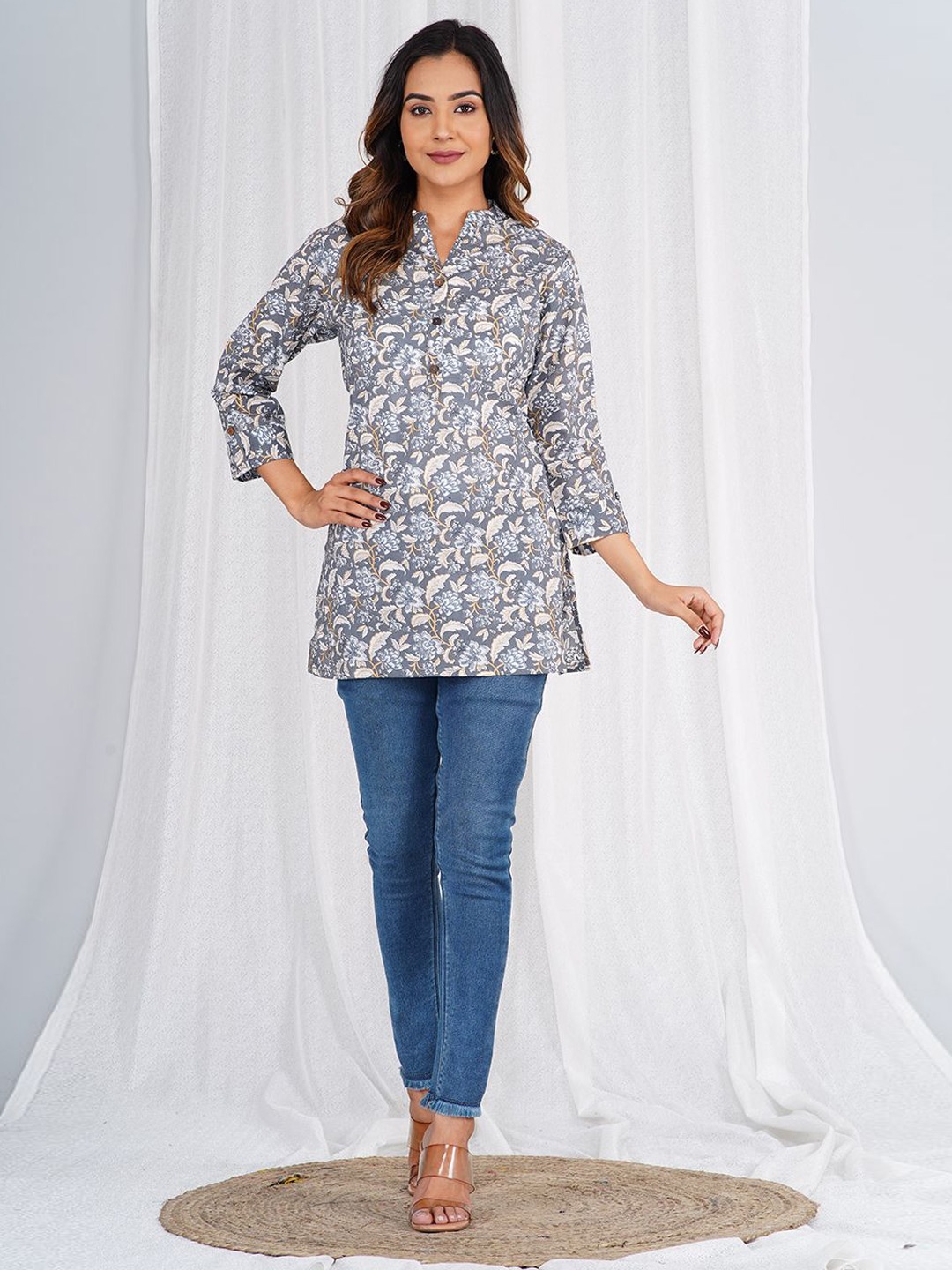 

KALINI Floral Print Cotton Shirt Style Top, Grey