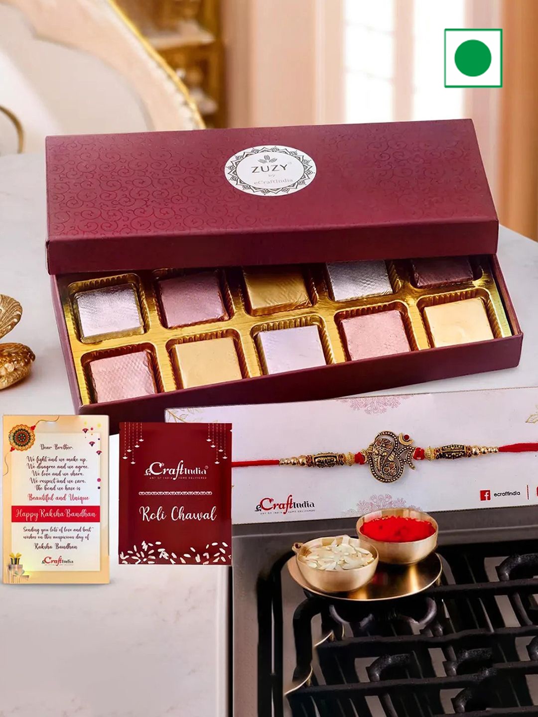 

eCraftIndia Beaded Rakhi with Chocolates Box And Roli Chawal, Gold