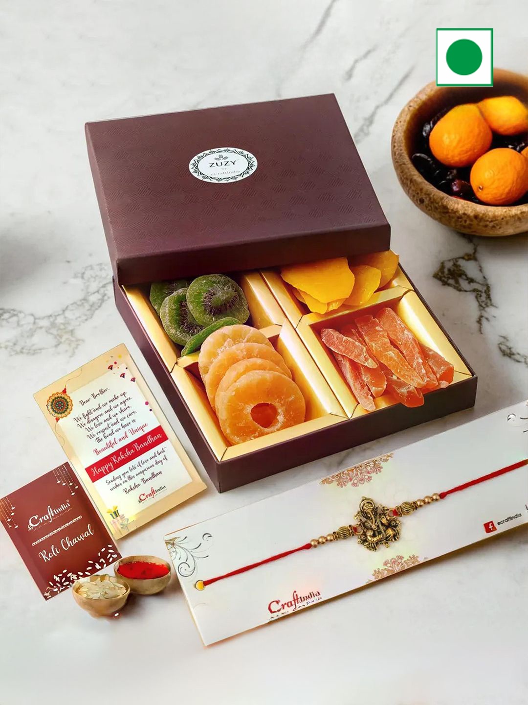 

eCraftIndia Religious Rakhis With Zuzy Sun Dried Fruit Gift Box and Roli Chawal Pack, Gold