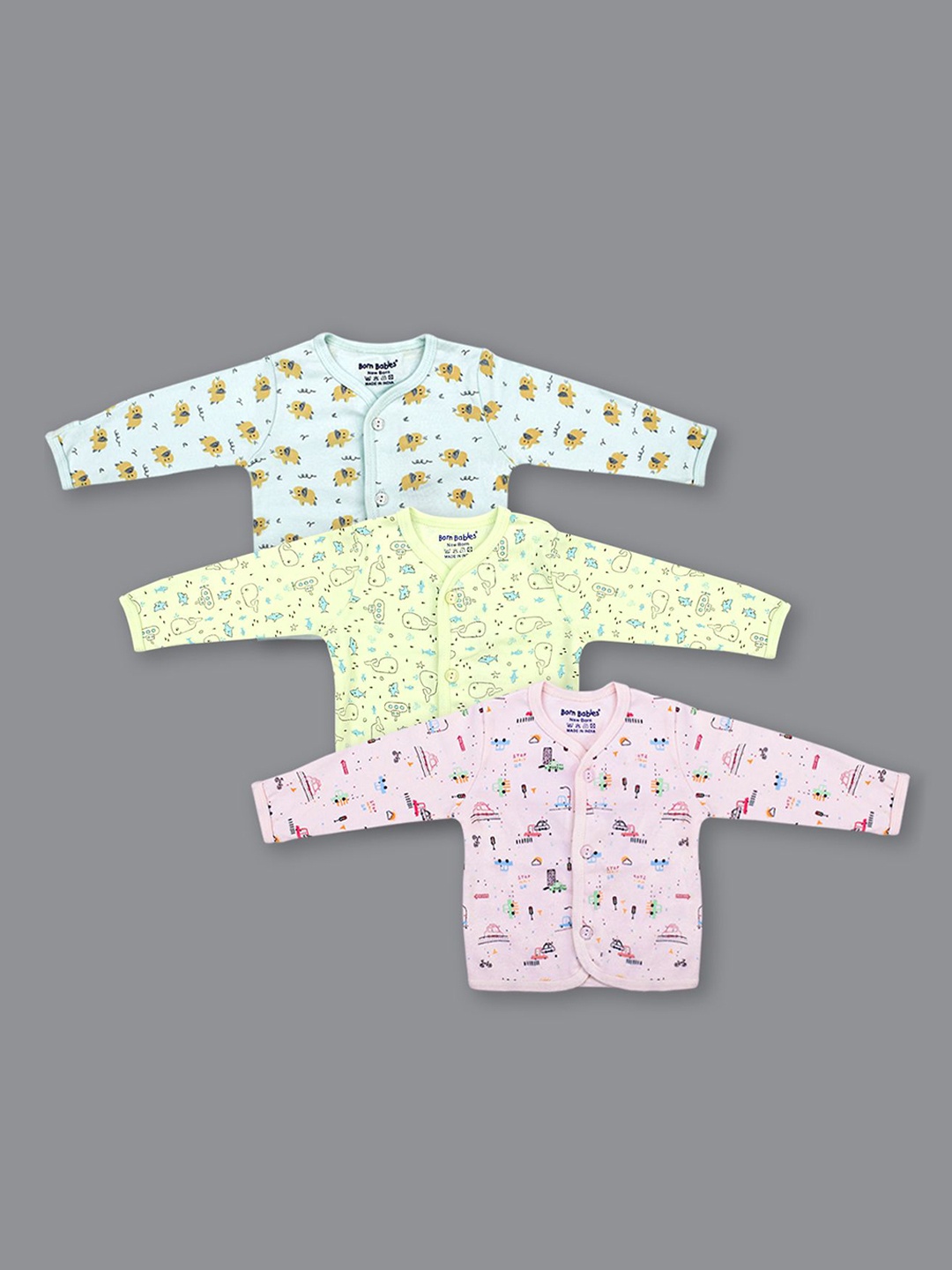 

Born Babies Infant Pack Of 3 Printed Pure Cotton Jhabla Vests, Yellow
