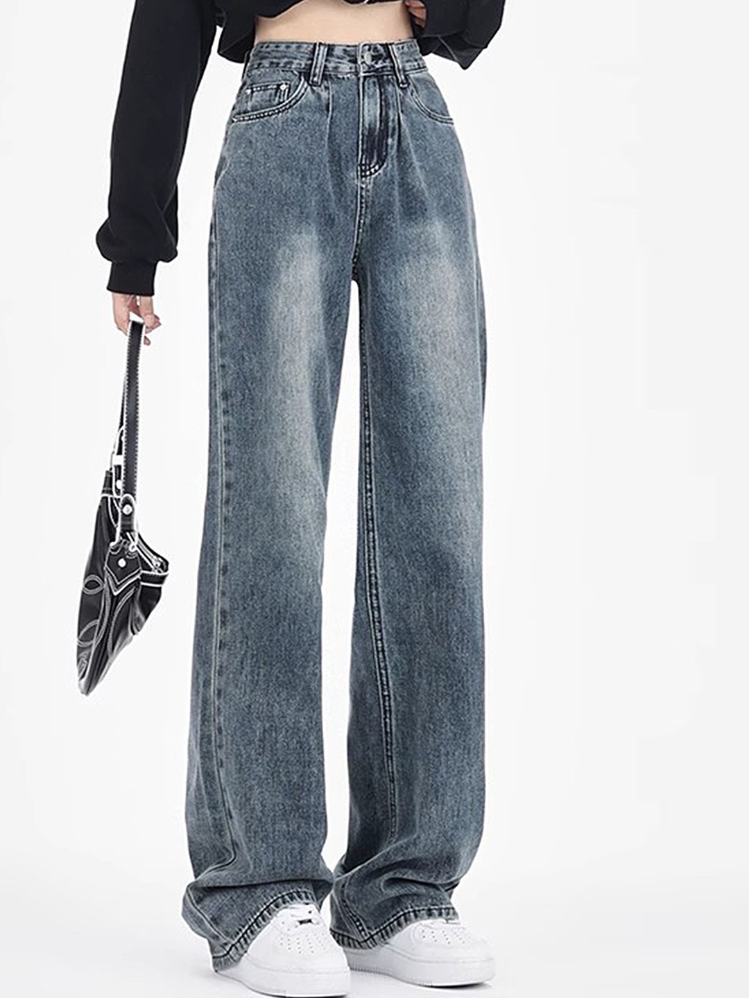 

LULU & SKY Women Straight Fit High-Rise Low Distress Jeans, Blue