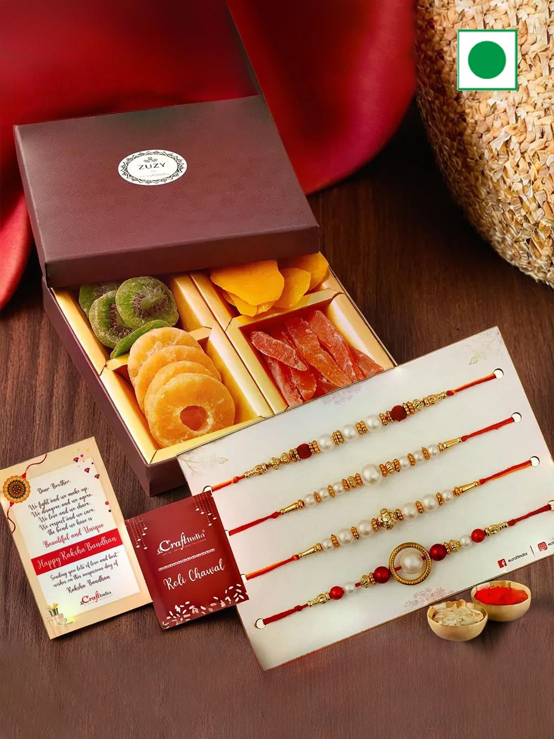

eCraftIndia Set of 4 Beaded Rakhis with Dry Fruit Box And Roli Chawal, Gold