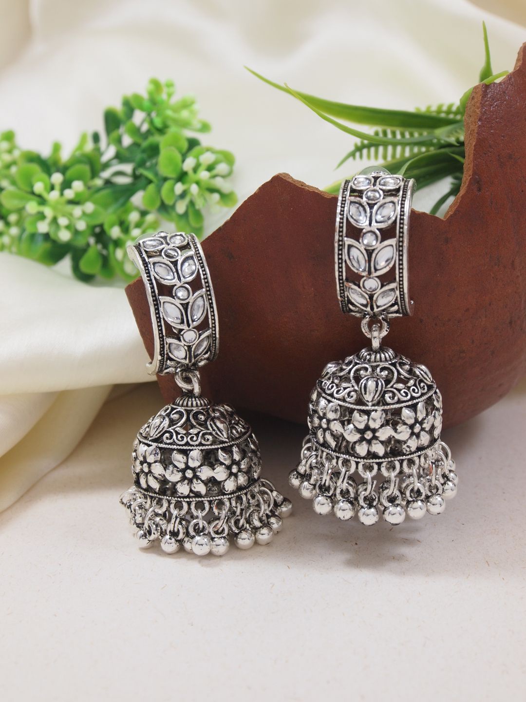 

I Jewels Silver-Plated Floral Design Oxidised Jhumkas