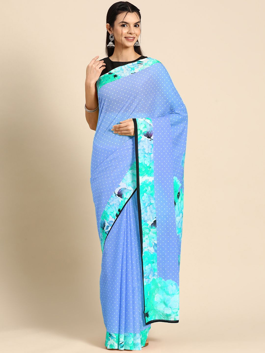 

BUTA BUTI Polka Dot Pure Cotton Saree, Blue