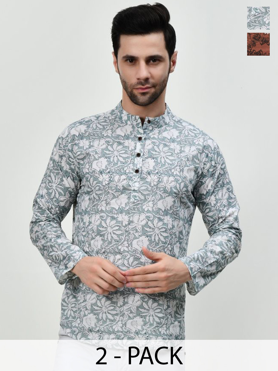 

BAESD Selection Of 2 Floral Printed Band Collar Pure Cotton Straight Kurtas, Grey