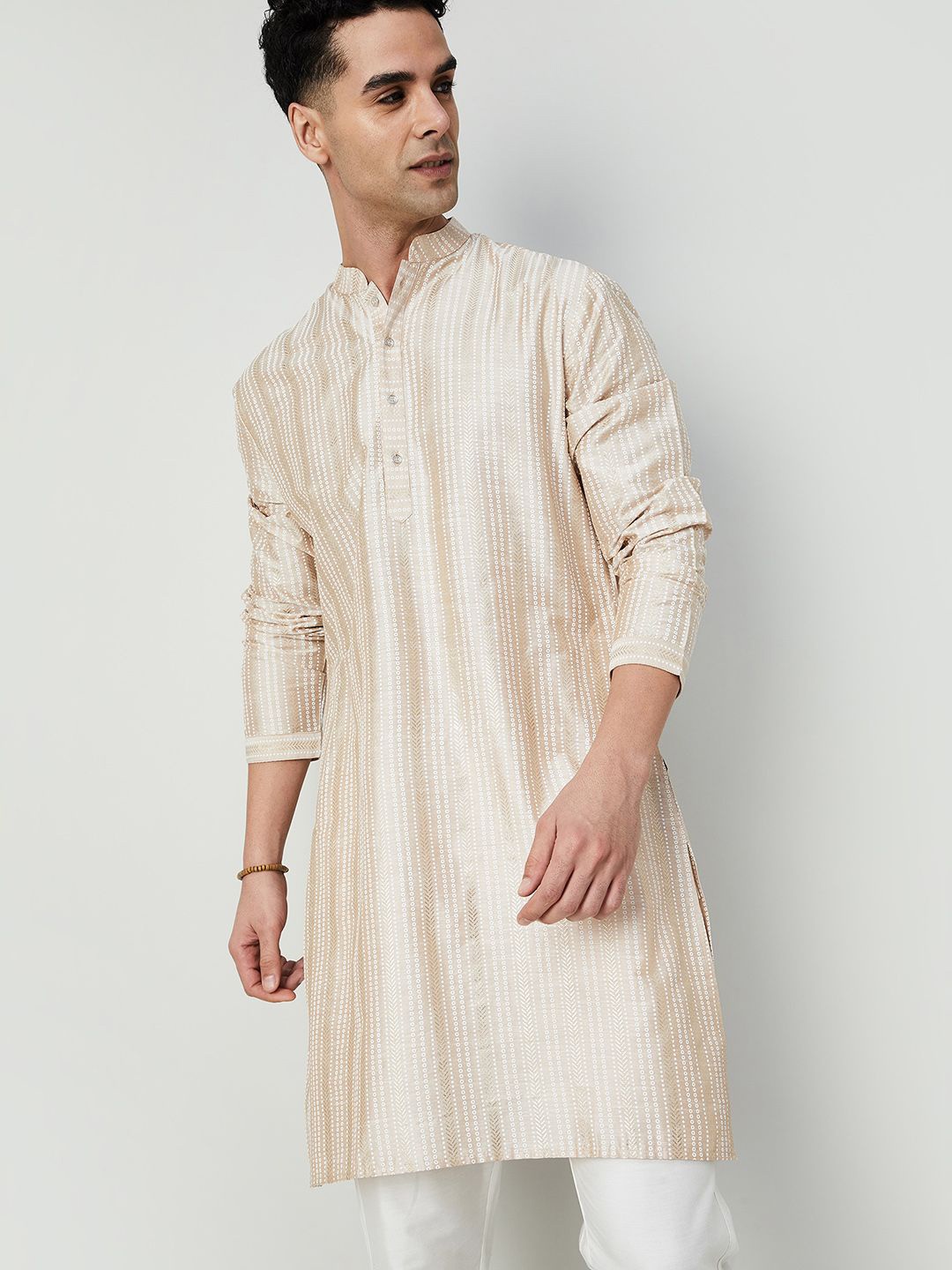 

Melange by Lifestyle Mandarin Collar Printed Straight Kurta, Beige