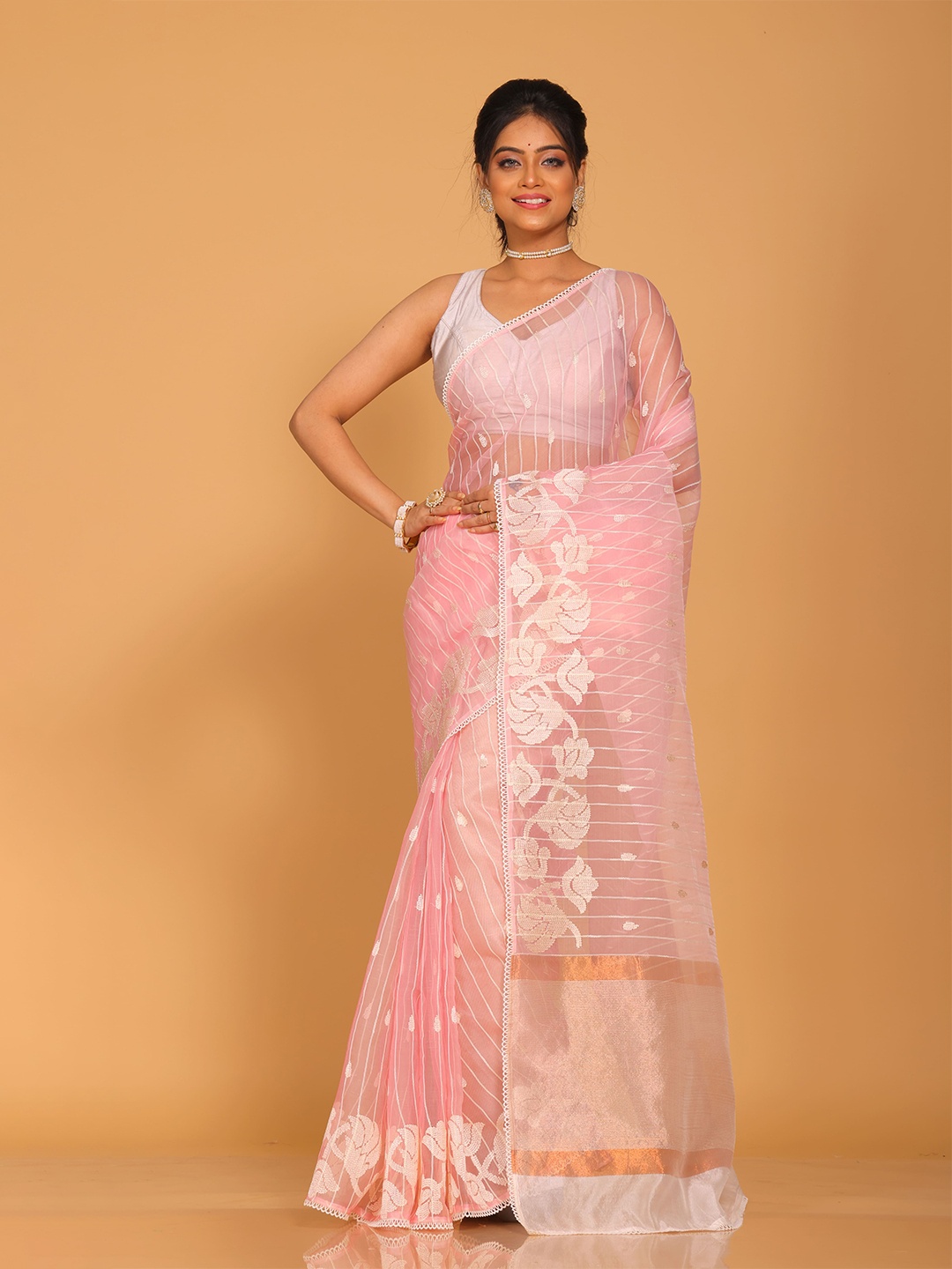 

Morchari Striped Embroidered Organza Saree, Pink