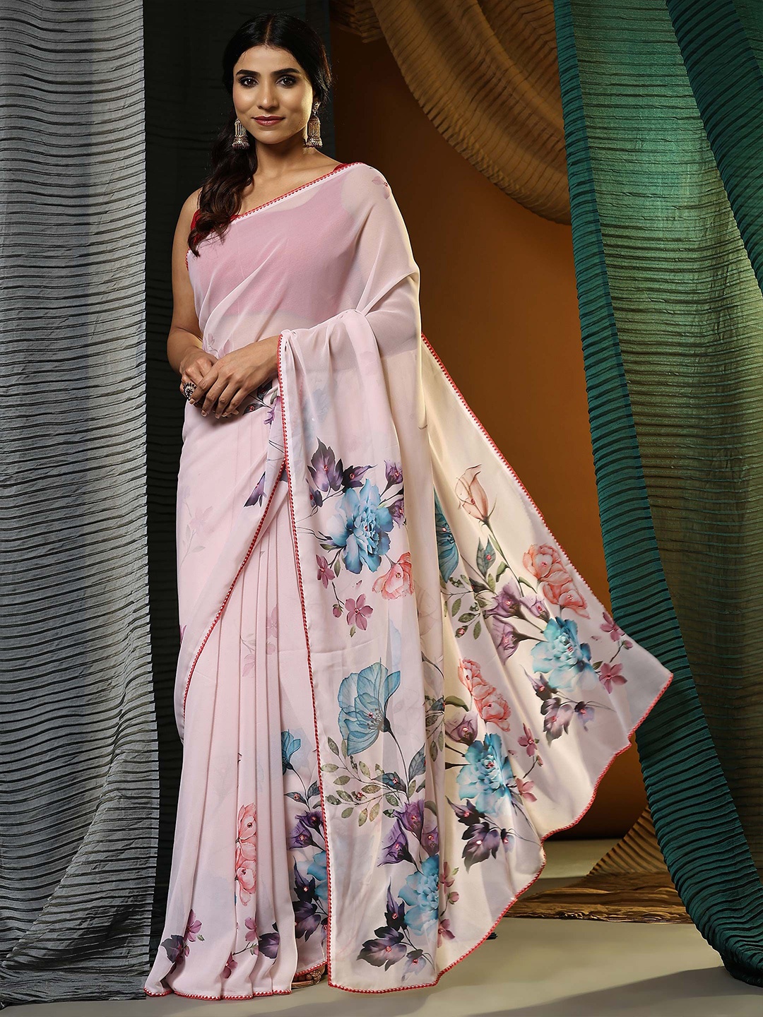 

Vastrasky Global Floral Printed Organza Saree, Pink