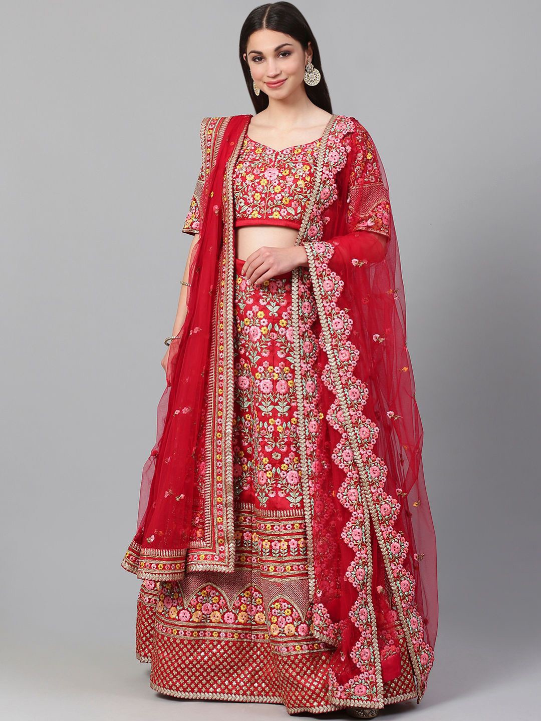 

FABPIXEL Embroidered Sequinned Semi-Stitched Lehenga & Unstitched Blouse With 2 Dupattas, Red