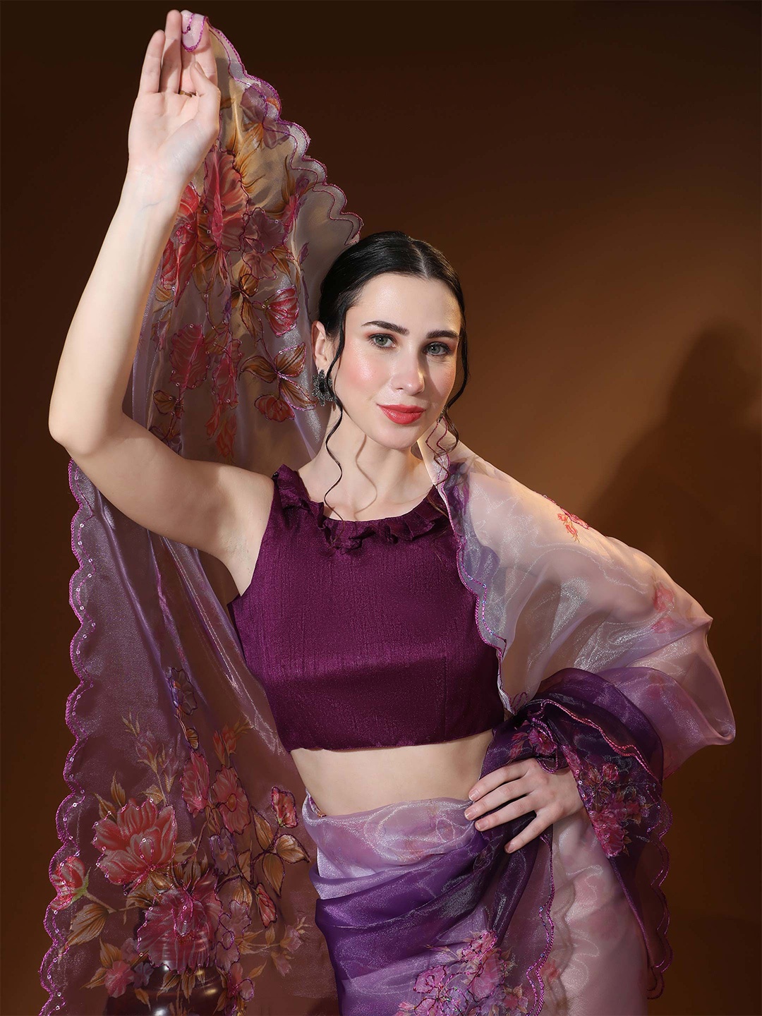 

Vastrasky Global Floral Sequinned Organza Saree, Purple