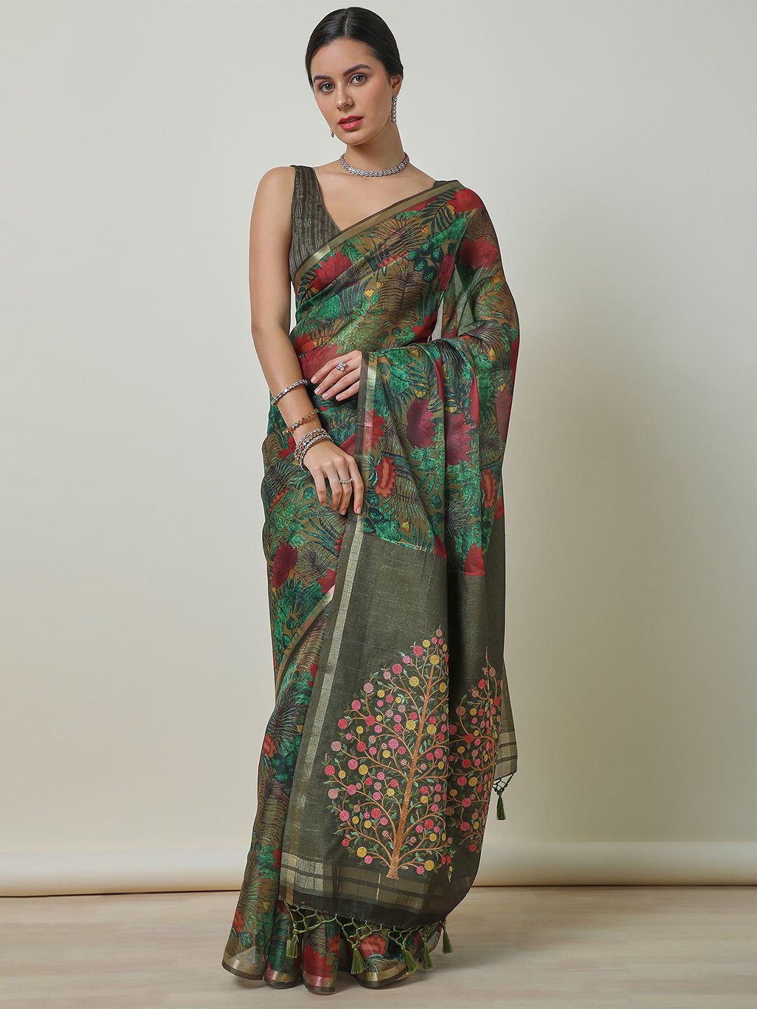 

Soch Floral Printed Zari Saree, Olive