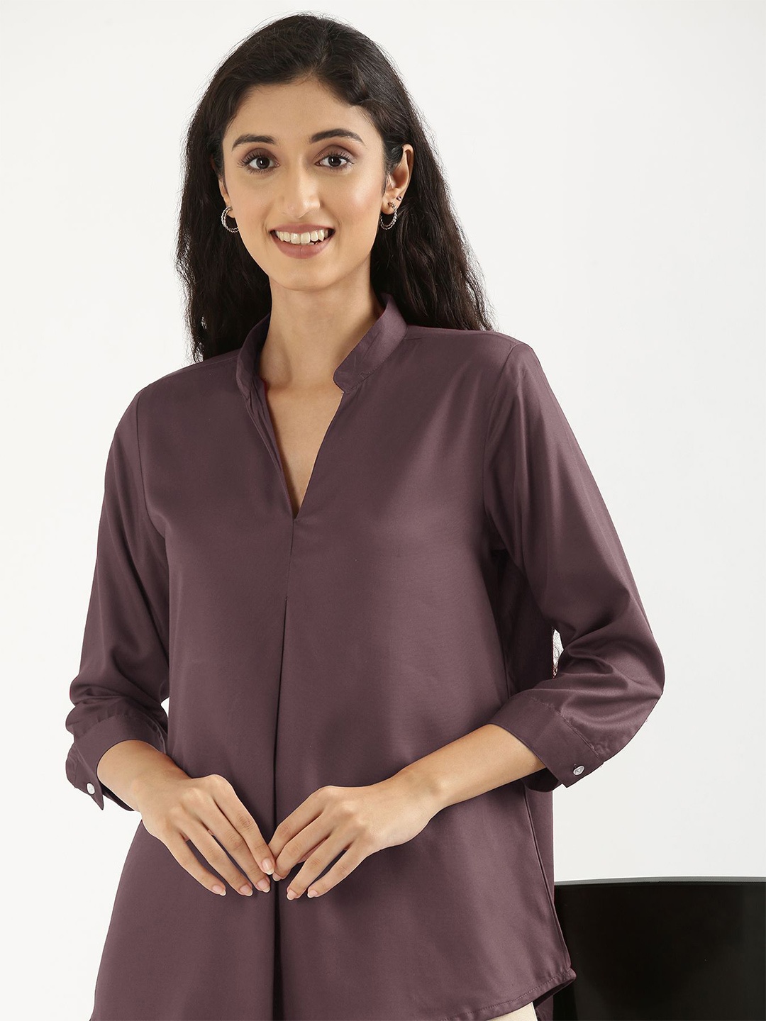 

SAADAA Solid Mandarin Collar Top, Purple