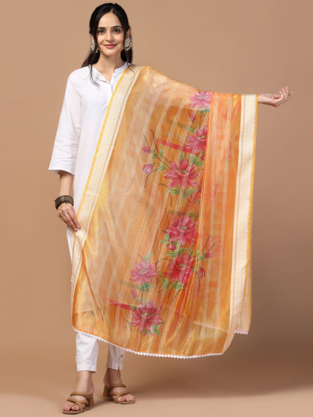 

Kaizen TEXO FAB Sequinned Floral Printed Organza Dupatta, Orange