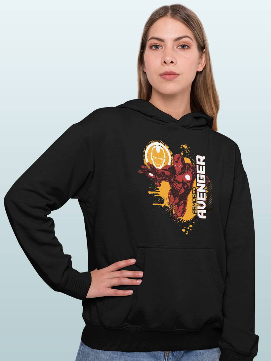 

macmerise Women Printed Hooded Sweatshirt, Black