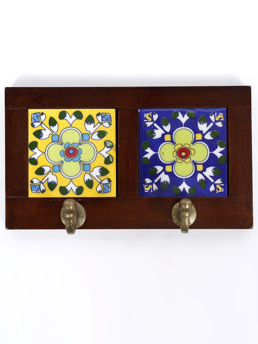 

Exotic India 8" Designer Double Tile Wall Brass Hooks, Blue