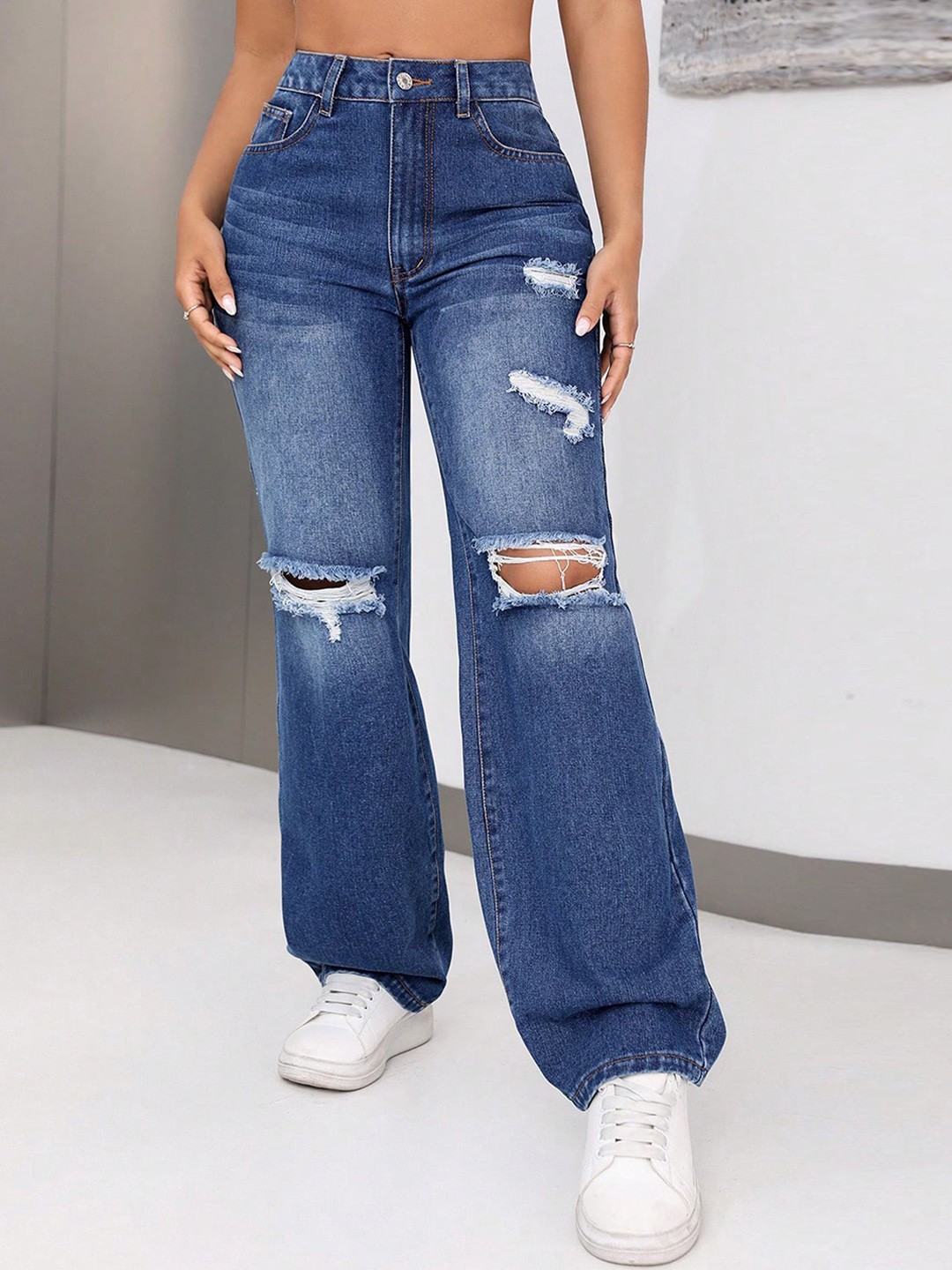 

LULU & SKY Women Wide Leg High-Rise Slash Knee Jeans, Blue