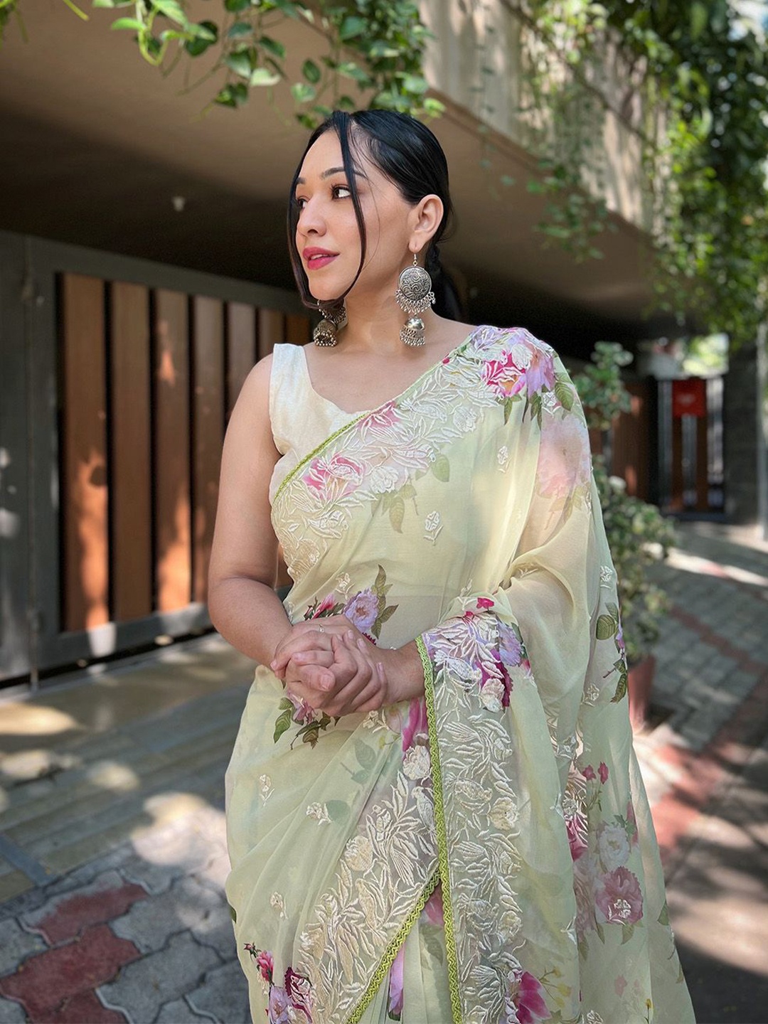

SAREESBYCHIRAG Ethnic Motifs Embroidered Silk Blend Designer Green Saree