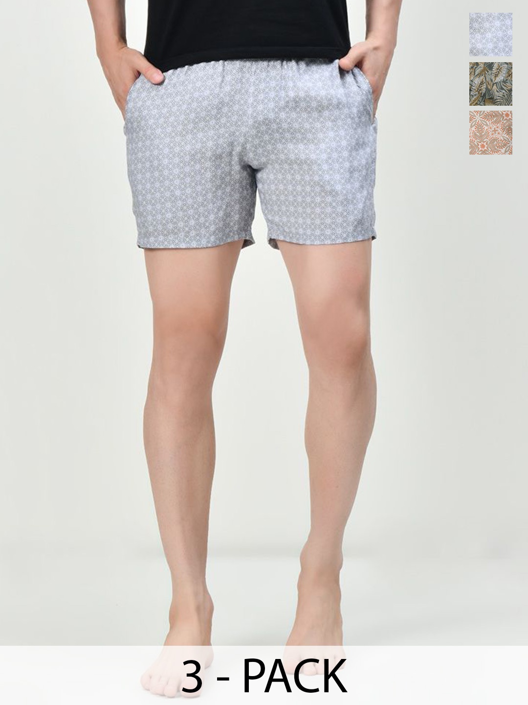 

BAESD Men Pack of 3 Printed Pure Cotton High-Rise Shorts, Grey