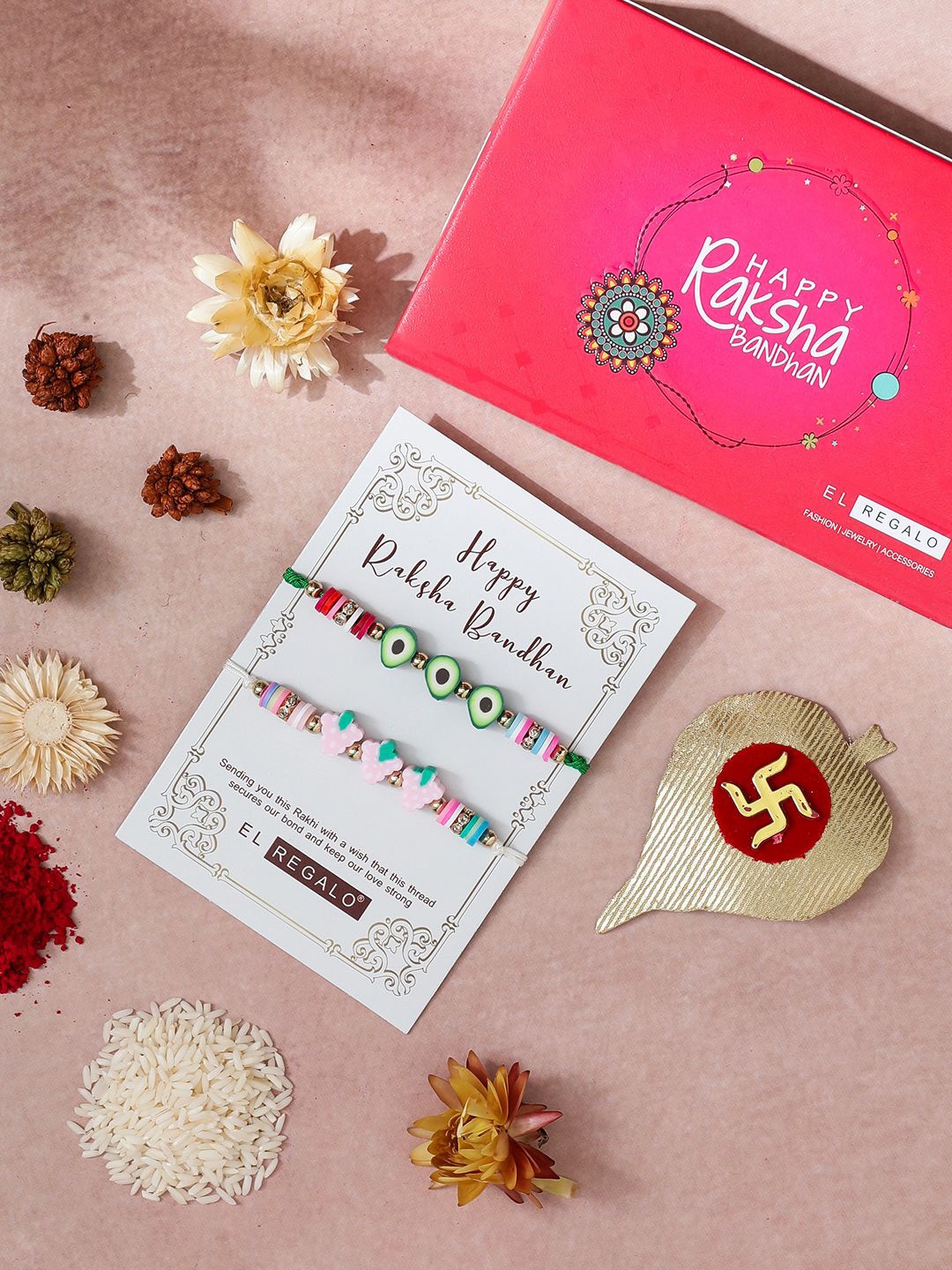 

EL REGALO Kids Set of 2 Stones & Beads Detail Thread Rakhis, White