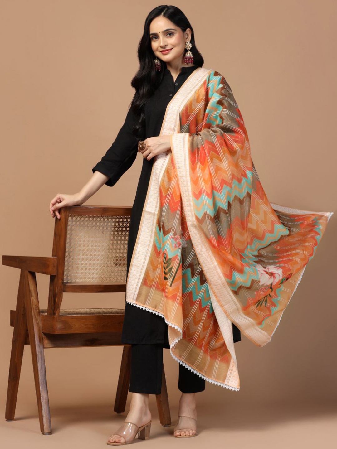 

Kaizen TEXO FAB Geometric Printed Cotton Chanderi Dupatta, Orange