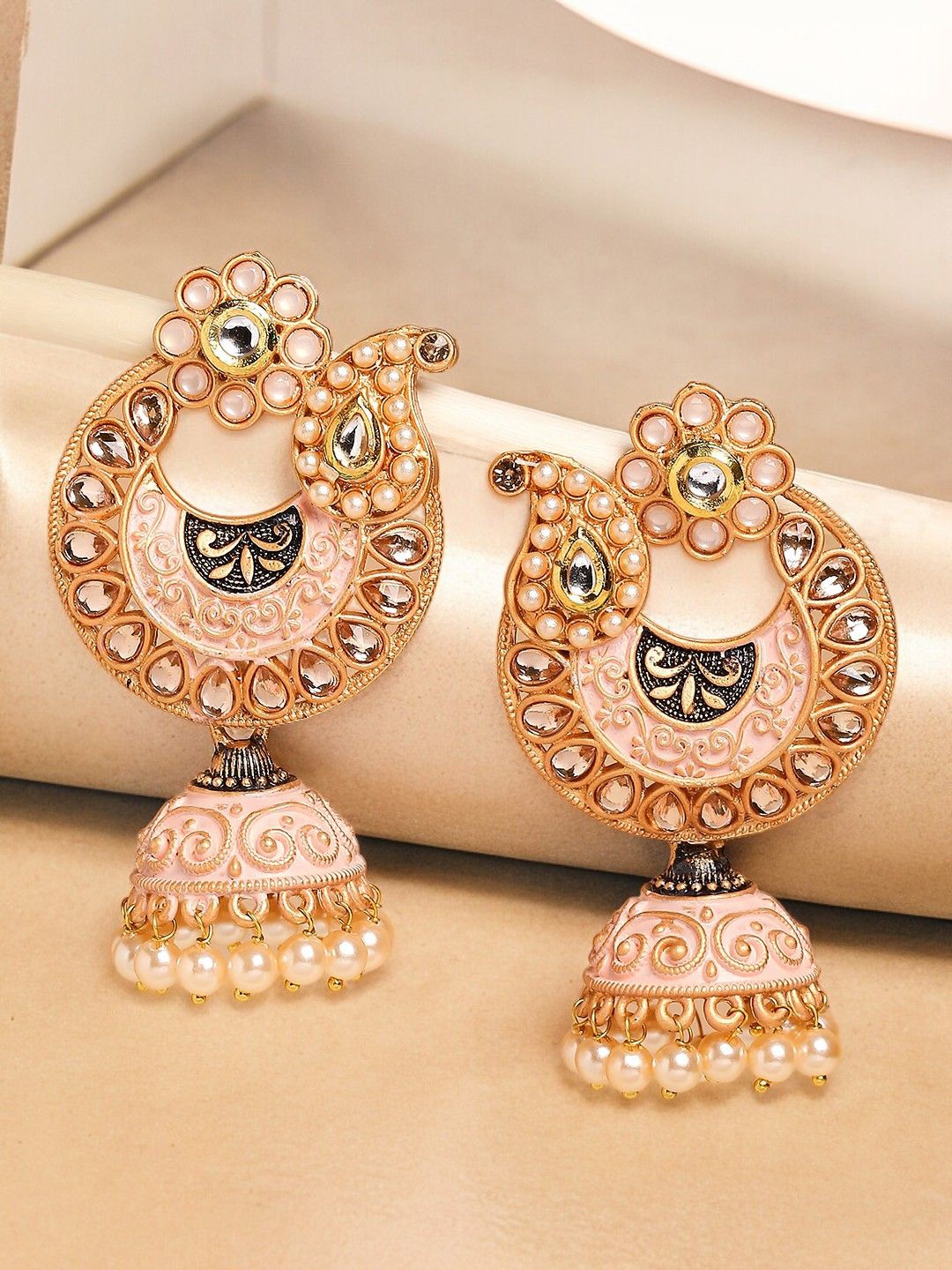 

Anouk Gold-Toned Kundan Studded & Pearls Beaded Dome Shaped Meenakari Jhumkas