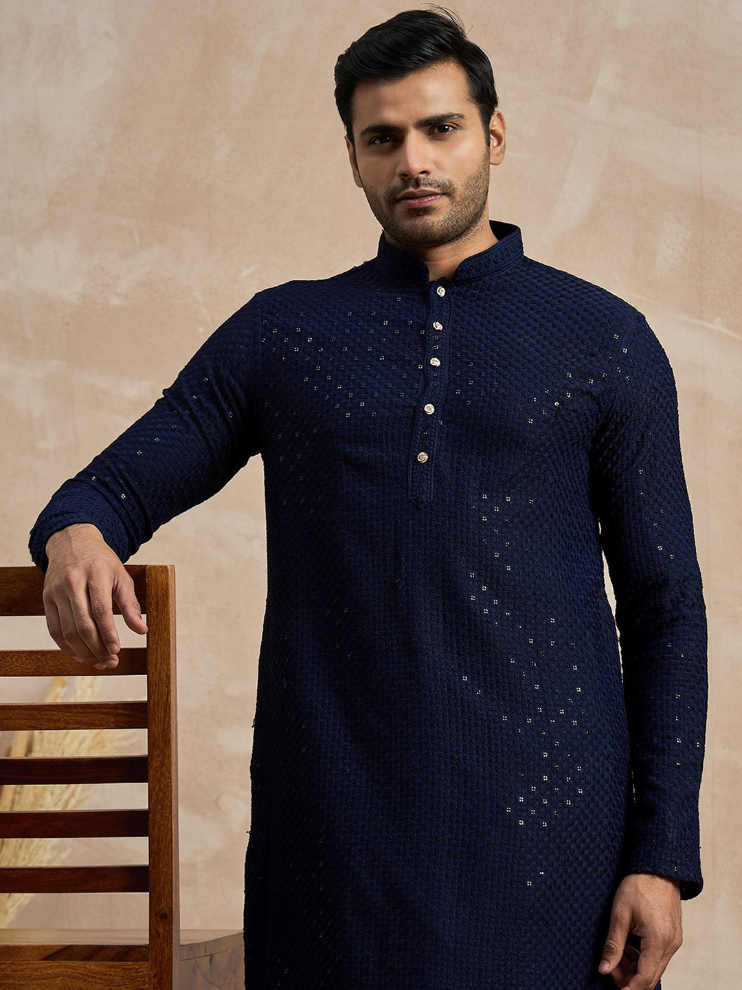 

Anouk Navy Blue Geometric Embroidered Mandarin Collar Sequins Straight Kurta